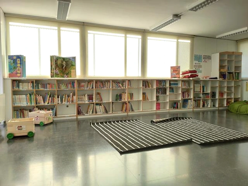 Biblioteca amb prestatgeries de llibres i una zona de lectura a terra.
